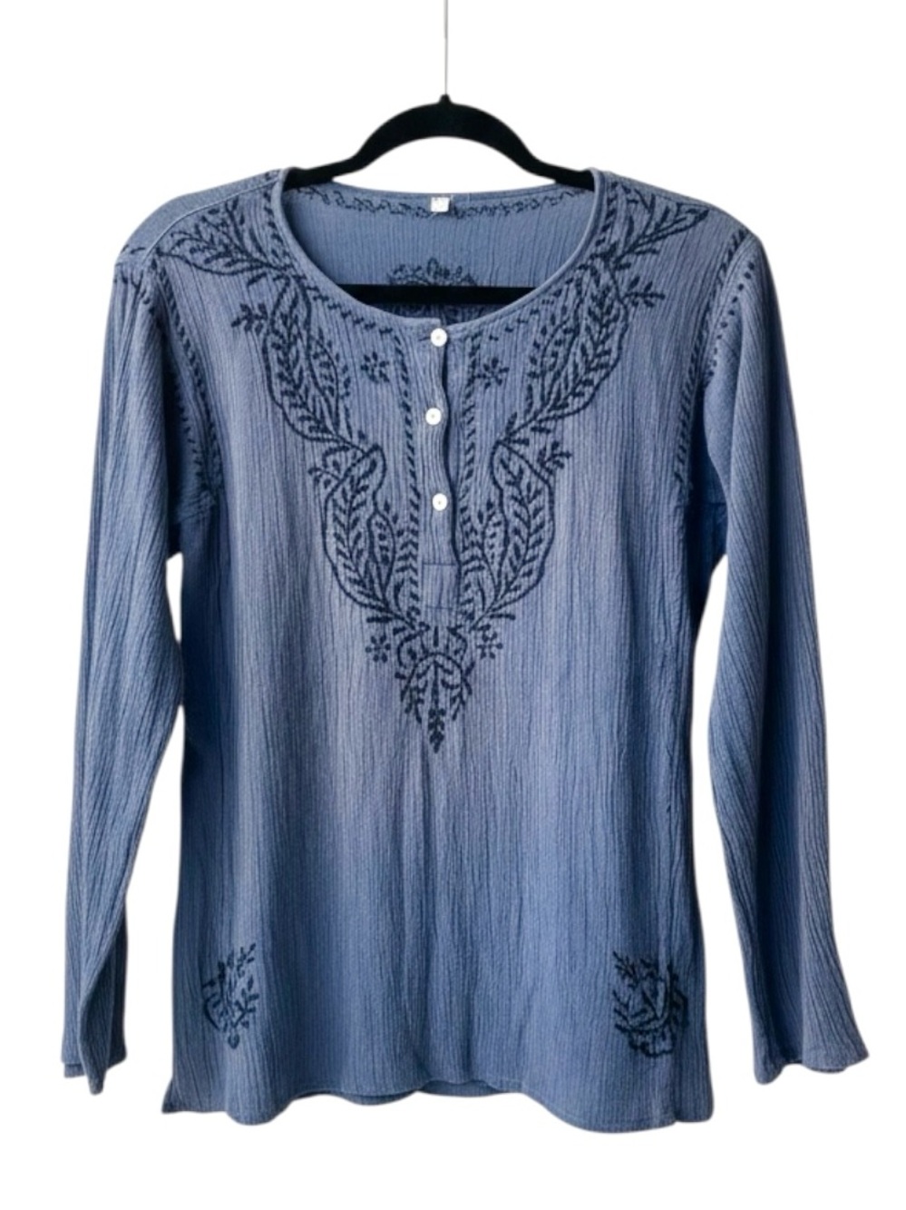 World Market Embroidered Gauze Cotton Boho Blue Peasant Top Size Small